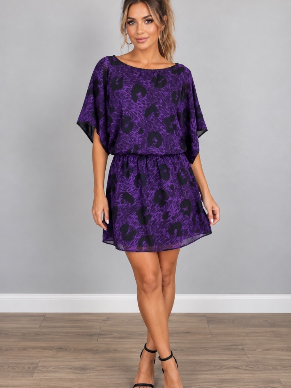 Jessica Simpson Y2K Purple Black Animal Print Blouson Mini Dress Medium